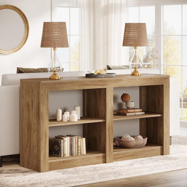 BYBLIGHT Turrella 59 in. Oak Rectangle Wood Console Table, 3-Tier