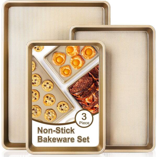 Premium Rustproof Nonstick Heavy Duty Gold 3-Piece Carbon Steel Baking Sheet Pan Set for Baking Supplies