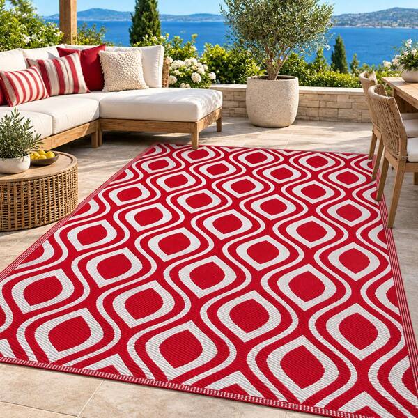 Venice Red White 5 ft. x 7 ft. Reversible Recycled Plastic Indoor/Outdoor Area Rug-Floor Mat