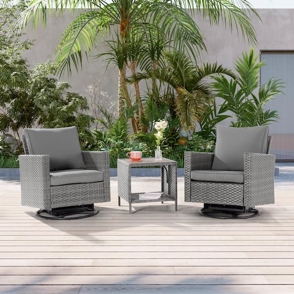 JOYESERY 3-Piece Gray Wicker Patio Bistro Set Swivel Rocking Chairs for Outdoor Occasions of Lawn, Gray