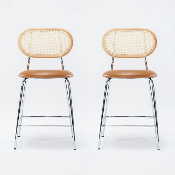 24 in. Whiskey Brown Rattan Metal Frame Counter Height Bar Stools With Faux Leather Seat (set of 2)