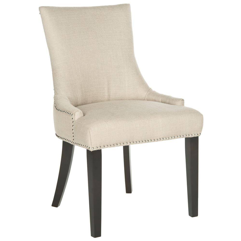 Ivory Linen Upholstered Parsons Side Chair with Gold Nailhead Trim