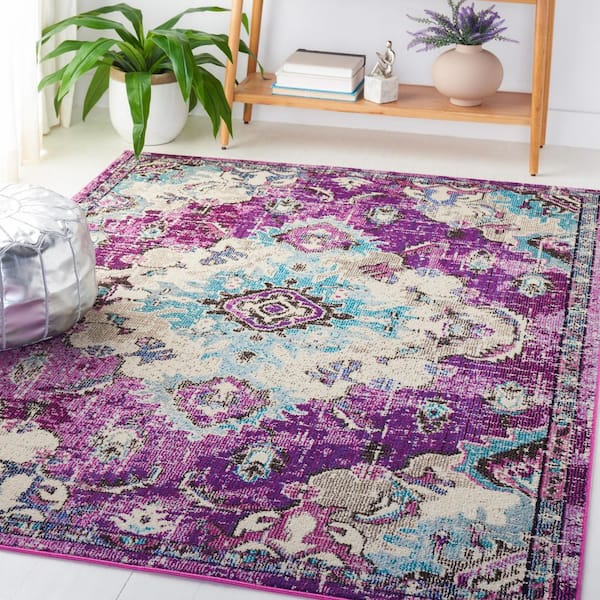 Madison Lavender/Light Blue Doormat 3 ft. x 5 ft. Border Floral Oriental Area Rug