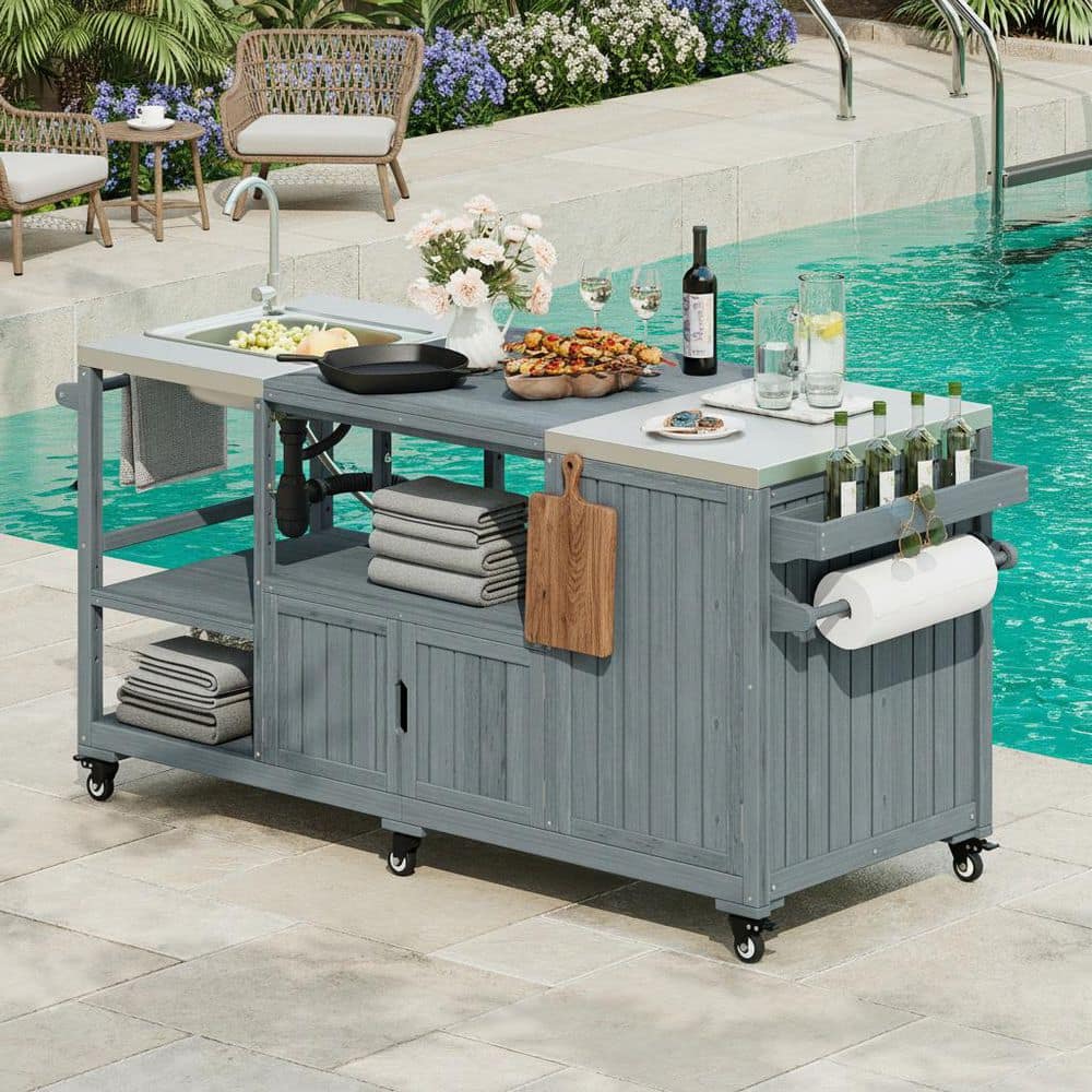 Cesicia Farmhouse Gray Blue Stainless Steel 75.4 in. Rolling