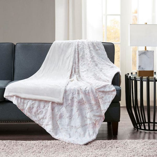 60 in.x70 in. Blush Oversized Faux Fur Throw Blanket, Ultra-Soft Marble Print Blanket for Winter, AC Rooms & Cozy Nights