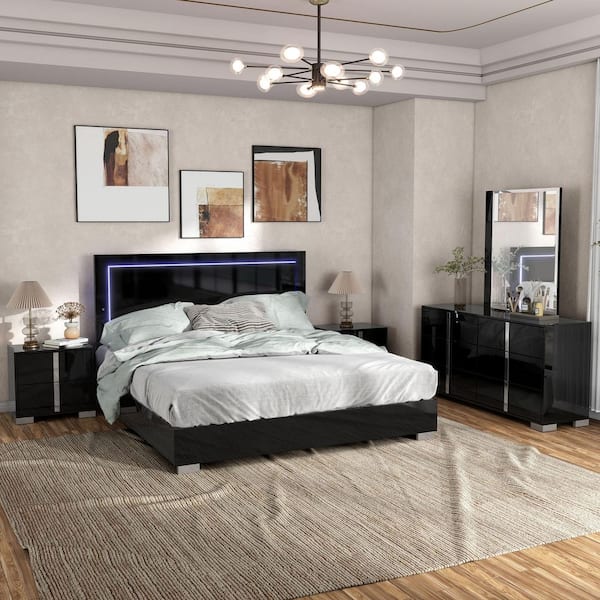 Furniture of America Mesala 5-Piece Piano Black Wood Frame Queen Panel Bedroom Set with LED Light on Headboard, Chrome Accents and Legs