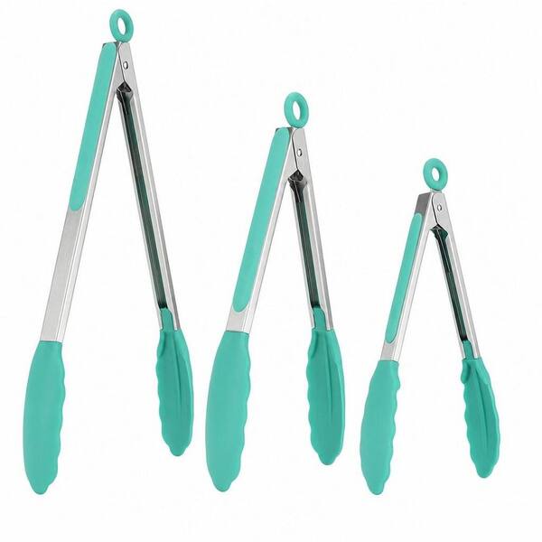 U-Taste 7/9/12 in. Silicone Cooking Tong Set with Rubber Tips and Si-Coated SS Handle, 600ºF Heat Resistant, Teal