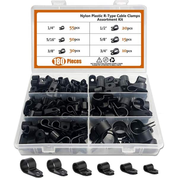Nylon R-Type Cable Clamp Assortment Kit 6-Sizes 180 -Pieces Black for Wire Management and Organization
