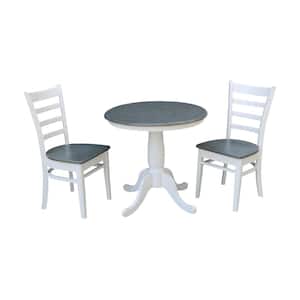 Hampton 3-Piece 30 in. White/Heather Gray Round Solid Wood Dining Set with Emily Chairs