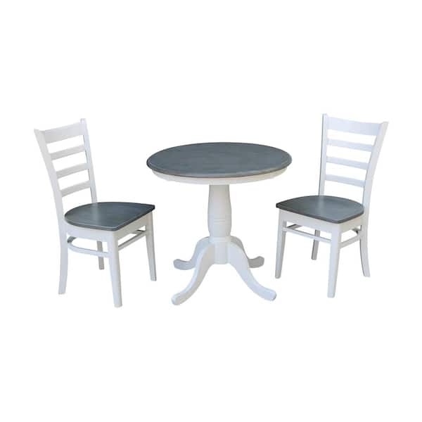 International Concepts Hampton 3-Piece 30 in. White/Heather Gray Round Solid Wood Dining Set with Emily Chairs
