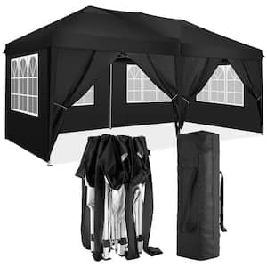 10 ft. x 20 ft. Black Folding Pop-Up Canopy, Outdoor Shelter Tent w/6 Removable Sidewalls, Carry Bag for Event, Camping