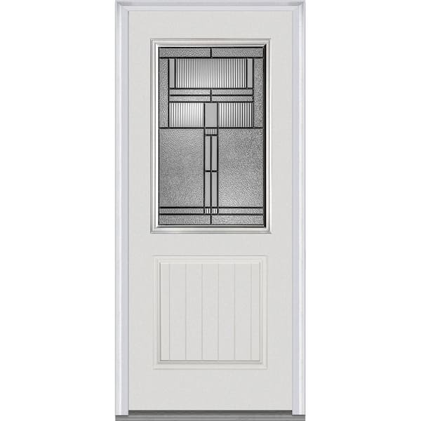 MMI Door 36 in. x 80 in. Brighton Right-Hand 1/2-Lite Decorative 1-Panel Planked Primed Fiberglass Smooth Prehung Front Door