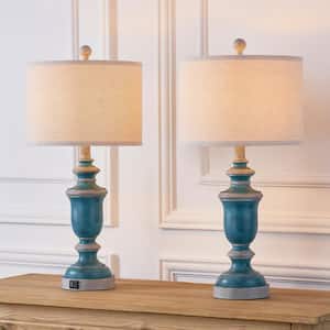 24.7 in. Distressed Blue Coastal and Nautical Table Lamp Set with USB Ports and LED bulbs (Set of 2)