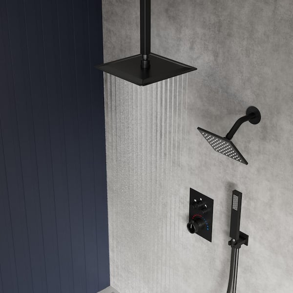 Thermostatic 7-Spray 12 in. Ceiling Mount Dual Shower Head and Handheld Shower in Matte Black (Valve Included)