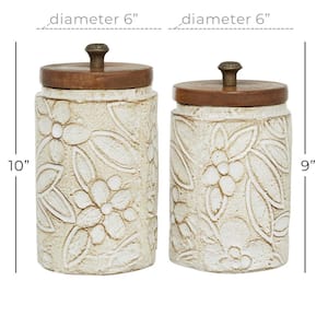 White Handmade Ceramic Intricately Carved Decorative Jars with Wood Lids (Set of 2)