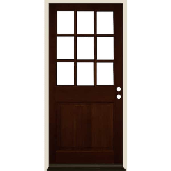 Krosswood Doors 36 in. x 80 in. Farmhouse Beveled 9-Lite Clear Glass Left Hand Red Mahogany Stain Hemlock Wood Prehung Front Door