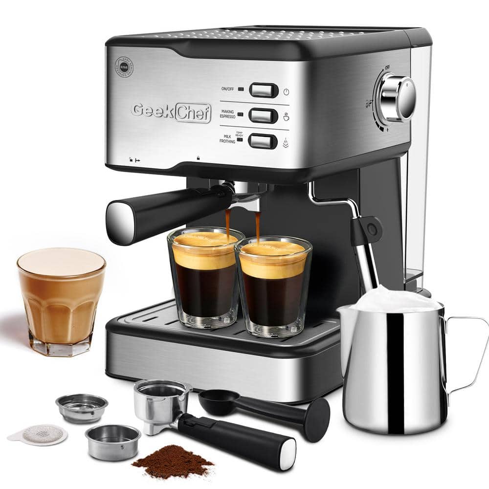 2 Cup 20 Bar Stainless Steel Semi-Automatic Espresso Machine with ESE POD Capsules Filter and Milk Frother Steam Wand
