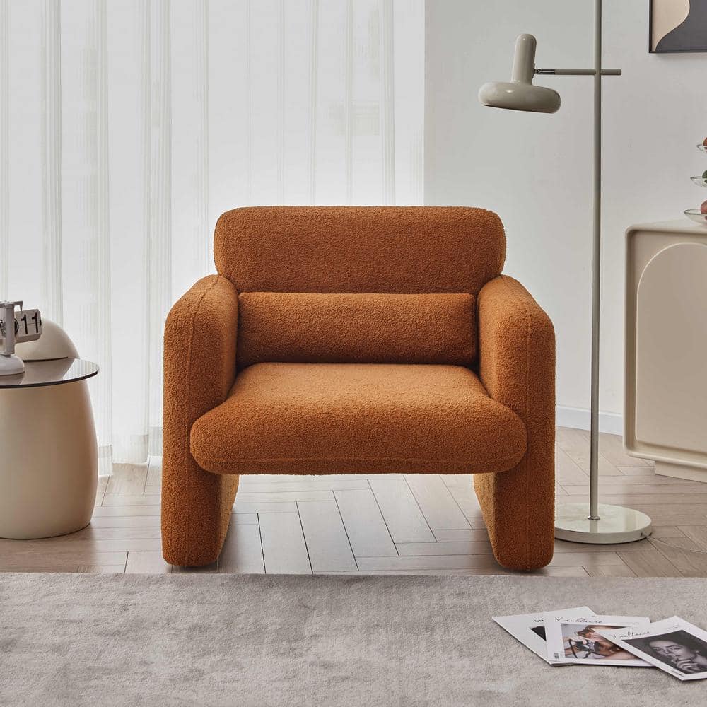 Dark Orange Accent Arm Chair Lamb Fleece Fabric Sofa Modern Single Sofa wit