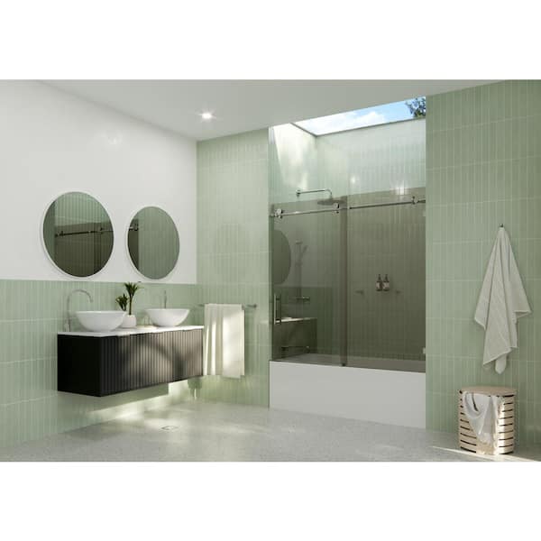 Glass Warehouse Equinox 56 in. - 60 in. W x 60 in. H Frameless Tinted Sliding Bathtub Door in Chrome with Clear Glass