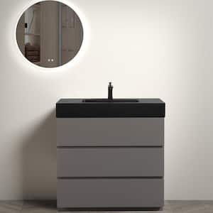 36 in. W Modern Freestanding Bathroom Vanity with 3 Drawers and Black Sink in Gray