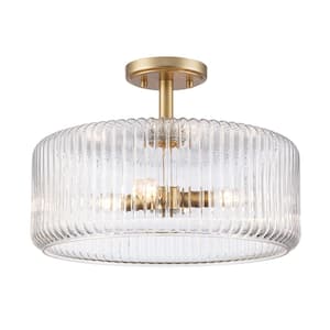 Quartz Quarters 15.75 in. 4-Light Gold Semi Flush Mount Ceiling Light with Clear Reeded Glass Shade