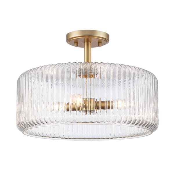 Bel Air Lighting Quartz Quarters 15.75 in. 4-Light Gold Semi-Flush Mount Ceiling Light with Clear Reeded Glass Shade