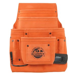 10-Pocket Orange Suede Leather Nail and Tool Pouch w/Hammer Holder & Measuring Tape Clip