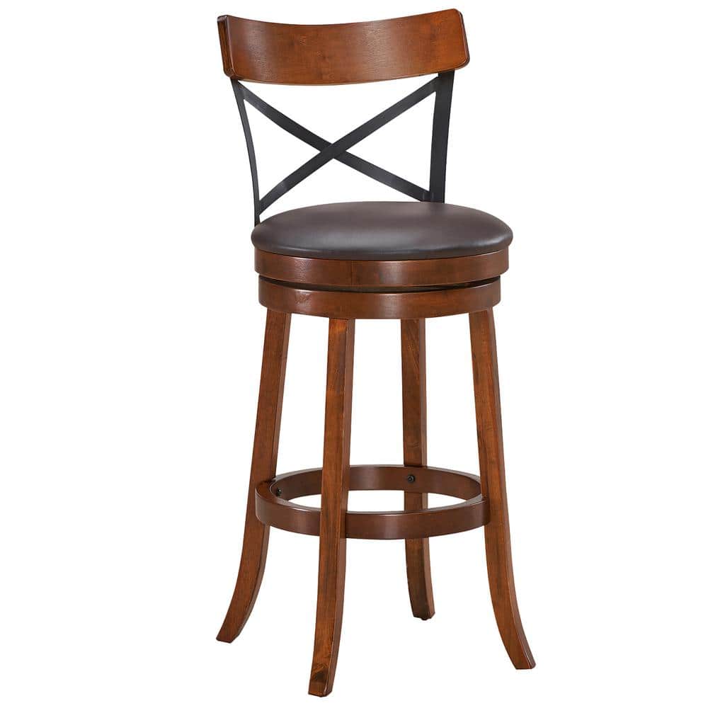 Set of 2 Walnut and Black Swivel Bar Stools with Rubberwood Legs