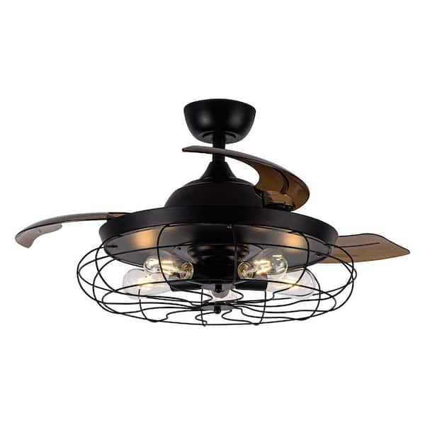 Parrot Uncle Industrial 42 in. Indoor Black Retractable Caged Ceiling Fan with Light Kit and Remote Control
