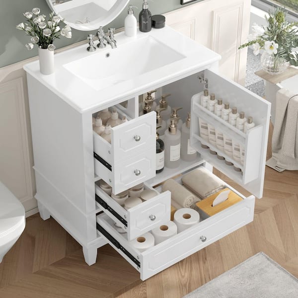 30 in. Single Sink Solid Wood Frame Freestanding White Bath Vanity with White Ceramic Top, Unassembled, Soft Close