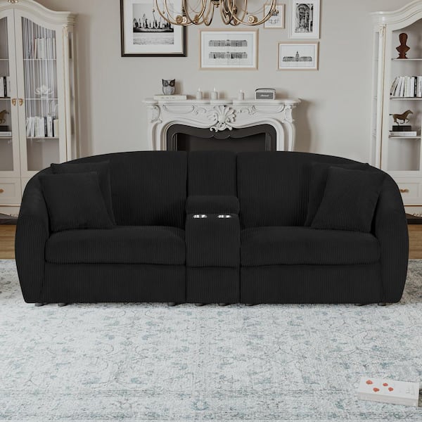 Unbranded 92 in. Straight Arm Corduroy Upholstered Modular Large Curved Sectional Sofa with Cupholders and USB Ports in. Black