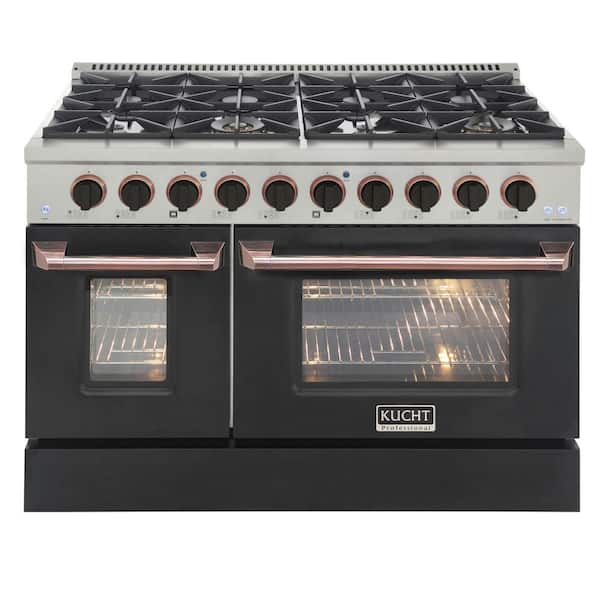Kucht Custom KNG 48 in. 6.7 cu. ft. Natural Gas Range Double Oven with Convection in Black with Black Knobs and Rose Handle