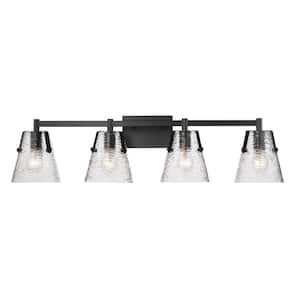 Analia 36 in. 4 Light Matte Black Vanity Light with Clear Ribbed Glass Shade with No Bulbs Included