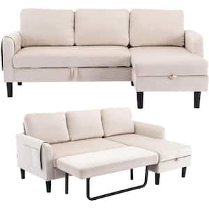 72.44 in. Square Arm Velvet Convertible Sleeper Sofa L-Shape Reversible Sectional Sofa in Beige with Storage Chaise