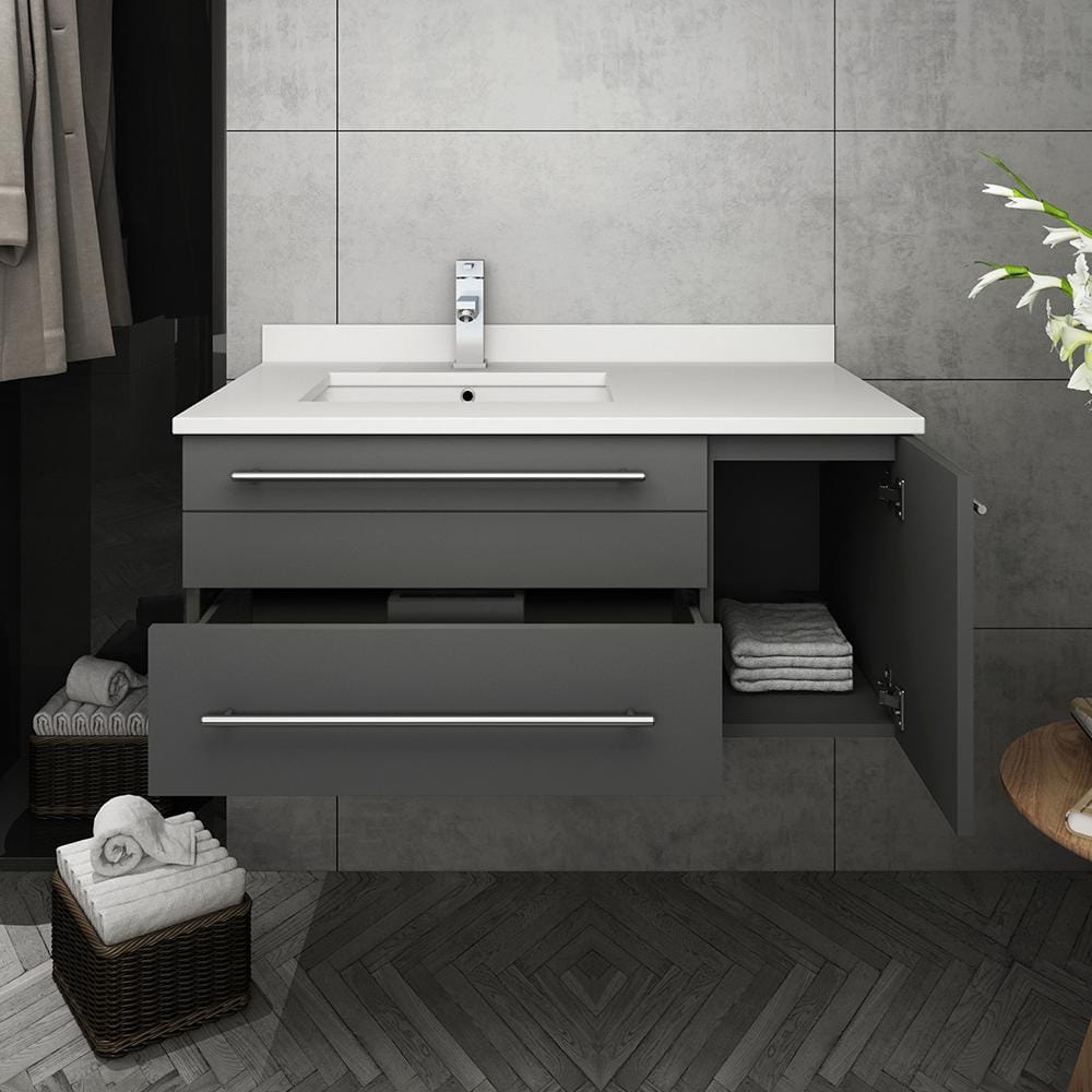 Gray Solid Wood and MDF Wall Mount Vanity with Quartz Stone Top