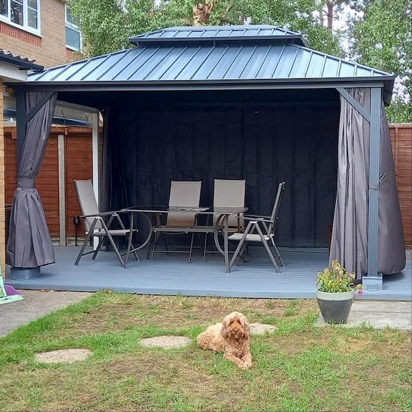 10 ft. x 14 ft. Gray Aluminum Hardtop Gazebo Canopy with Netting and Curtains