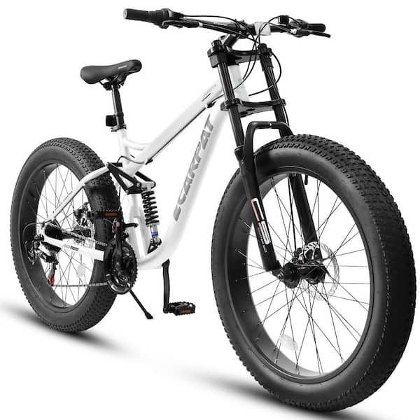 26 in. Mountain Bike MTB Bicycle with Full-Suspension 21-Speeds Drivetrain Disc-Brake, White