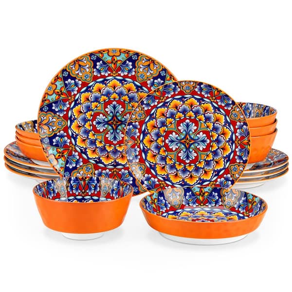 vancasso 16-Piece Orange Porcelain Dinnerware Set Service for 4 Bohemian Style Bowls and Plates Set Dining Set Tableware Set