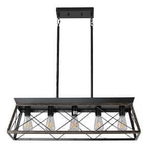 31.5 in. W 5-Light Rustic Black Island Pendant Light with Trapezoidal Iron Shade