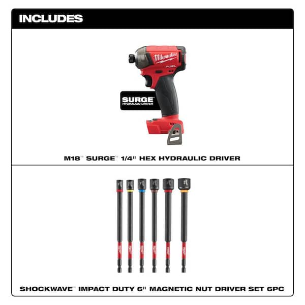 M18 FUEL SURGE 18V Lith-Ion Cordless 1/4 in. Hex Impact Driver & SHOCKWAVE Impact Duty, 6 in. Mag Nut Drivers (6-Pc)