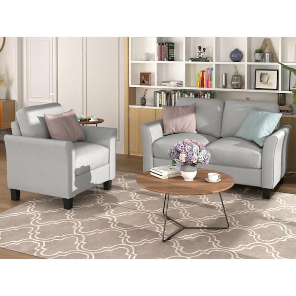 GODEER 54 in. W 2-piece Linen Living Room Furniture Armrest Single Chair and Loveseat Sofa in Light Gray