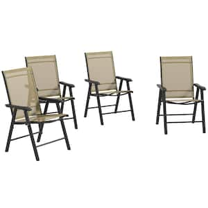 Set of 4 Patio Folding Chairs, Stackable Outdoor Sling Chairs with Armrests, Metal Frame, Light Brown