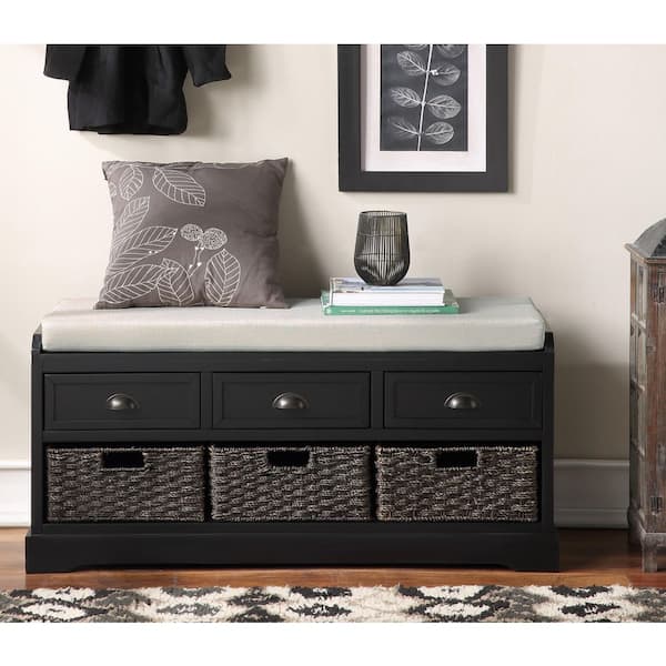 XUJMK 44 in. W x 14 in. D x 20 in. H Black Linen Cabinet, Collection Wood Storage Bench with 3-Drawers and 3-Baskets