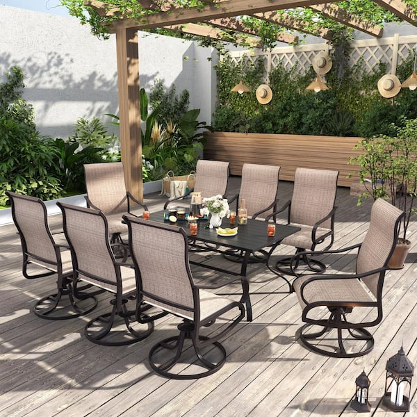 Poteban Brown Iron Metal 8-Person Outdoor Dining Set With 53 in. x 30 in. Rectangular Table, Number of 9 Pieces.