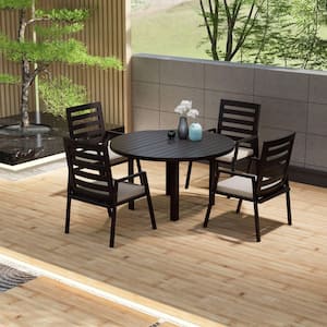 Chelsea 5-Piece Aluminum Outdoor Dining Set with 48 in. Round Table and 4 Dining Armchair w/ Cushions in Beige