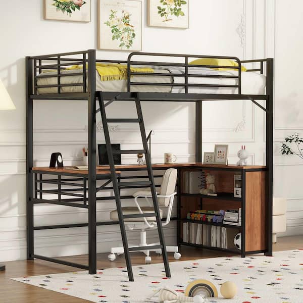 Black Twin Size Loft Bed with 3-Layers of Shelves and L-shaped Desk