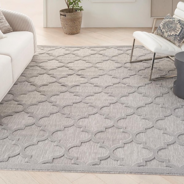 Easy Care Silver Grey 7 ft. x 10 ft. Geometric Contemporary Indoor Outdoor Area Rug