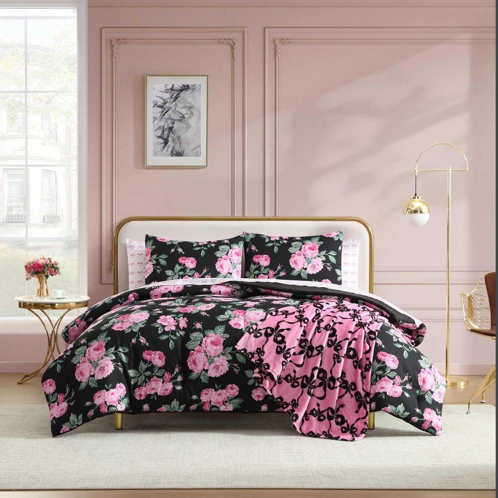 BETSEY JOHNSON Garden Floral 6-Piece Black/Pink Microfiber Twin