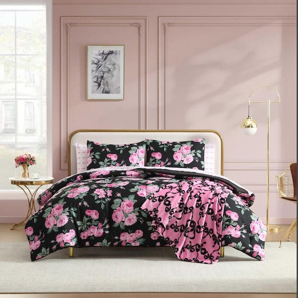 Garden Floral 8-Piece Black/Pink Microfiber King Bed In A Bag Comforter Set