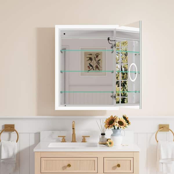 ANGELES HOME 24 in. W x 32 in. H Rectangular Aluminum Medicine Cabinet with Mirror, Anti-Fog, 3-Color, 3X Magnifier, Right Open